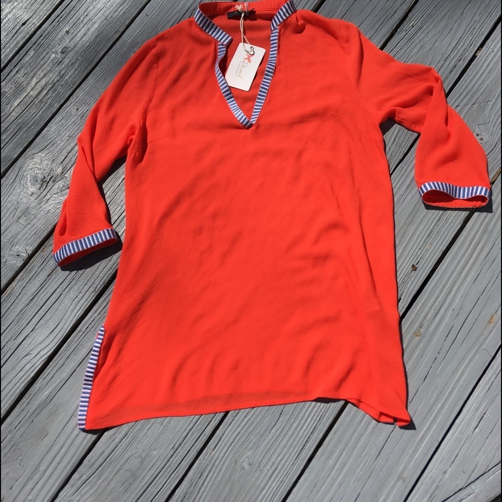 THML tunic top Long Orange stripe embroidered accent size M NWT hippie boho